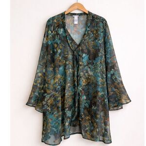 Catherines 5X Teal Gold Floral Lurex Tie-Neck Flutter Sleeve Blouse